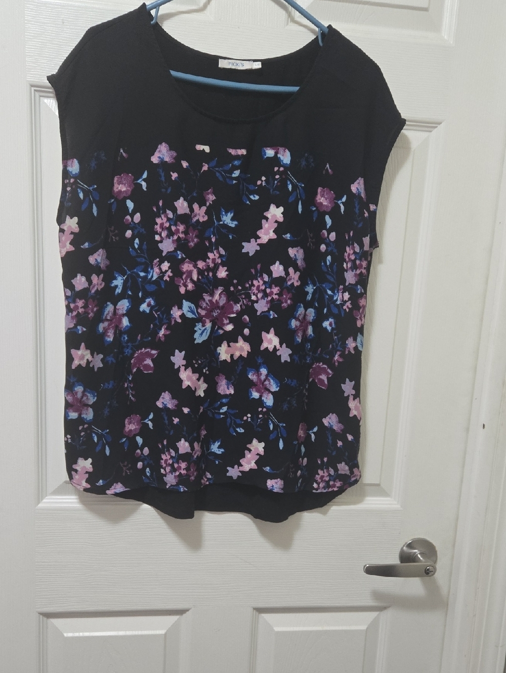 Ricki's Black Floral Cap-Sleeve Top with Pink and Blue Flowers